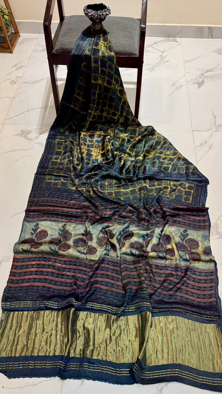 Indigo Blue and Olive Green Pure Gajji Silk Ajrakh Handblock Printed Saree with Tissue Pallu