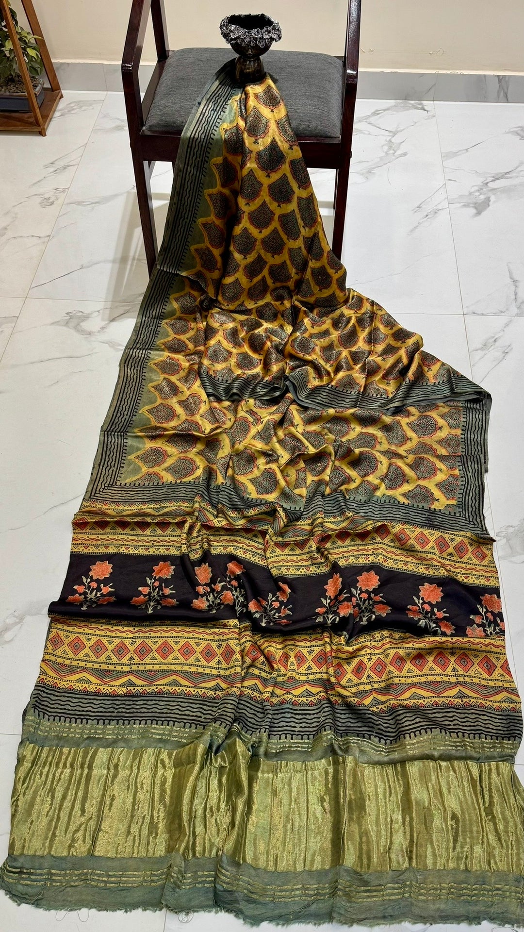 Golden Yellow and Black Pure Gajji Silk Ajrakh Handblock Printed Saree with Tissue Pallu