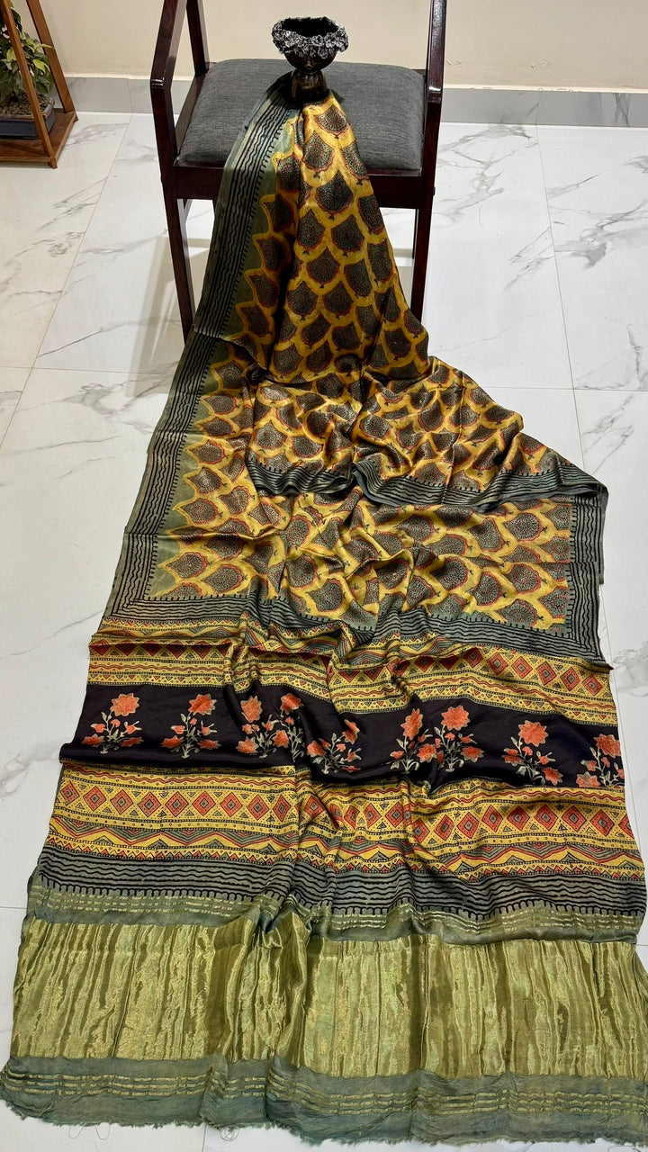 Golden Yellow and Black Pure Gajji Silk Ajrakh Handblock Printed Saree with Tissue Pallu