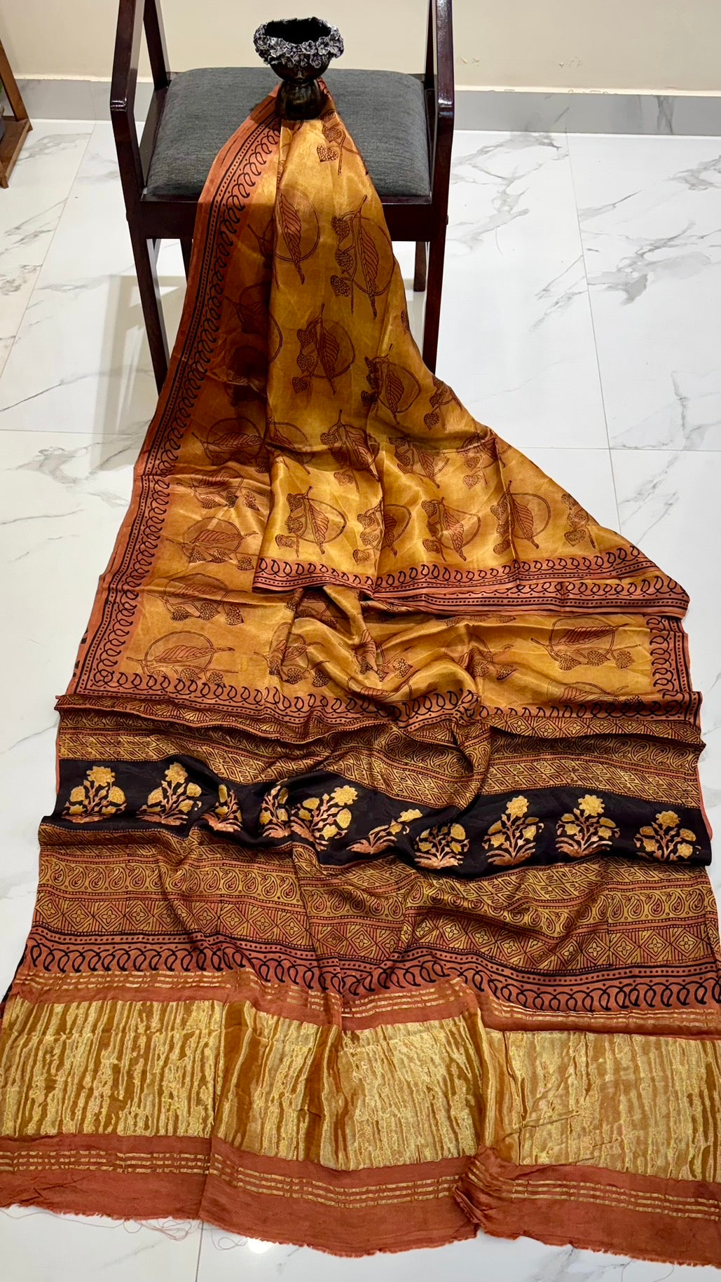 Ochre Yellow and Black Leaf Motif Pure Gajji Silk Ajrakh Handblock Printed Saree with Tissue Pallu