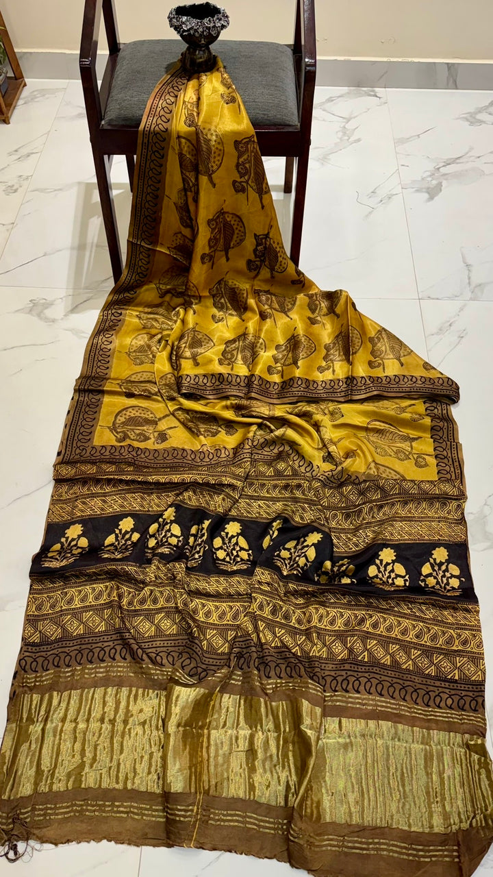 Olive Yellow and Black Pure Gajji Silk Ajrakh Handblock Printed Saree with Tissue Pallu