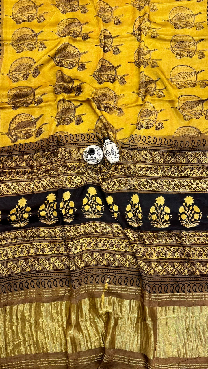 Olive Yellow and Black Pure Gajji Silk Ajrakh Handblock Printed Saree with Tissue Pallu