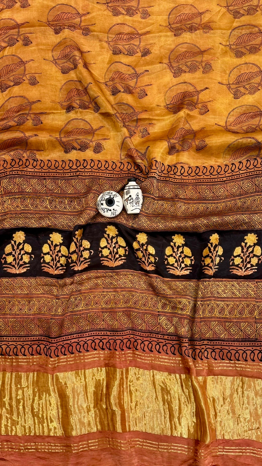 Ochre Yellow and Black Leaf Motif Pure Gajji Silk Ajrakh Handblock Printed Saree with Tissue Pallu