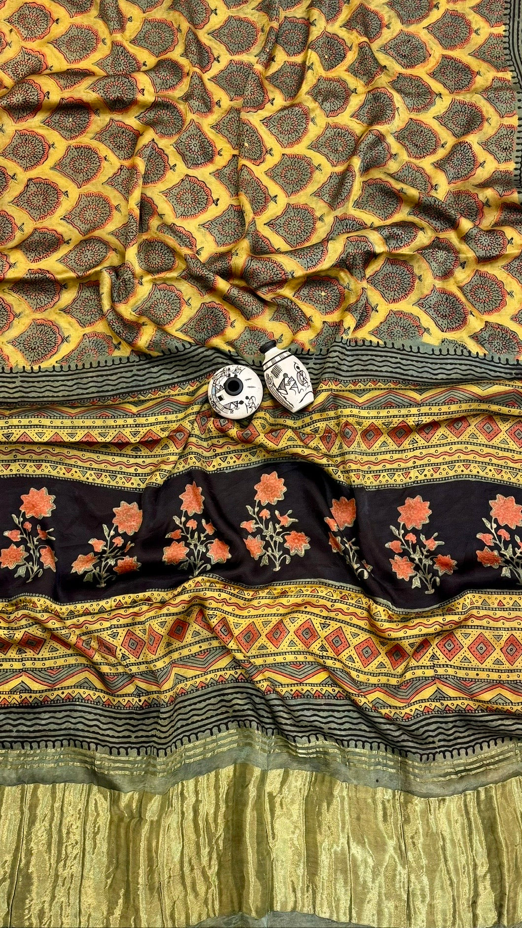 Golden Yellow and Black Pure Gajji Silk Ajrakh Handblock Printed Saree with Tissue Pallu