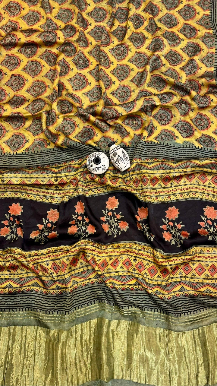 Golden Yellow and Black Pure Gajji Silk Ajrakh Handblock Printed Saree with Tissue Pallu