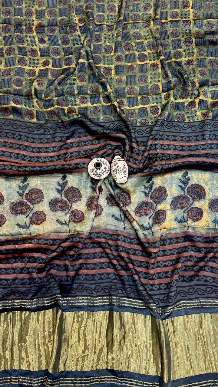 Indigo Blue and Olive Green Pure Gajji Silk Ajrakh Handblock Printed Saree with Tissue Pallu