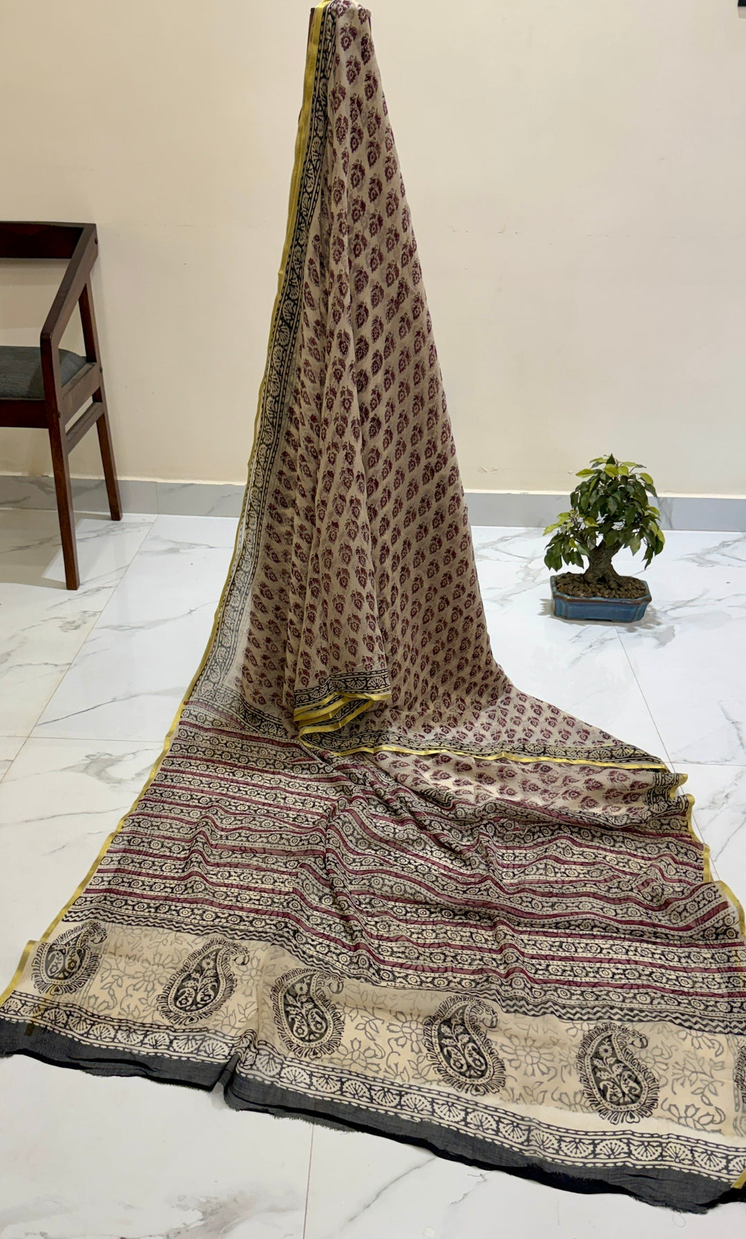 Elegant Beige & Maroon Handblock Printed Premium Chiffon Saree with Paisley Border