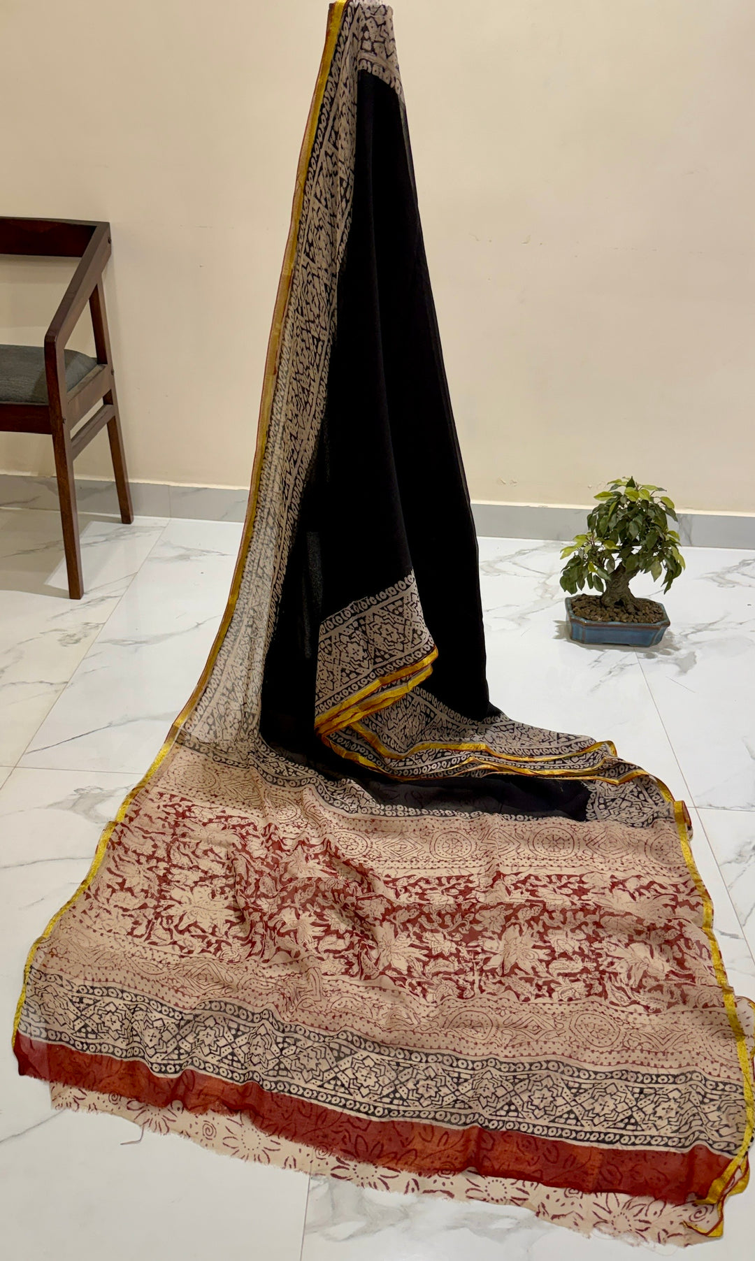 Timeless Black & Terracotta Handblock Printed Premium Chiffon Saree with Intricate Border
