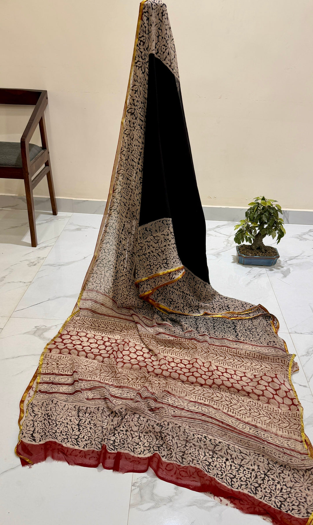 Chic Black & Maroon Handblock Printed Premium Chiffon Saree with Geometric & Floral Mix