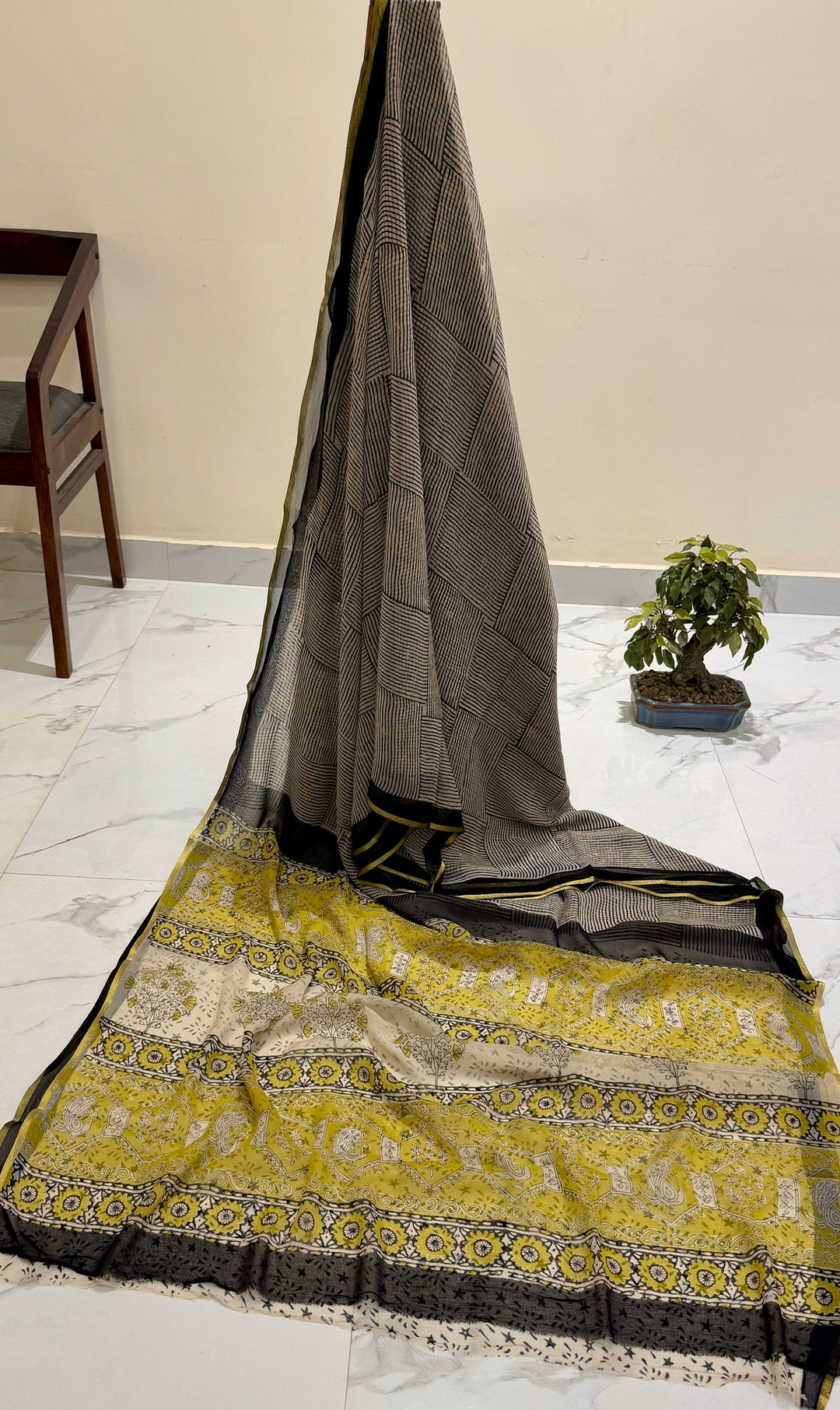 Artistic Grey & Mustard Handblock Printed Premium Chiffon Saree with Linear & Floral Patterns