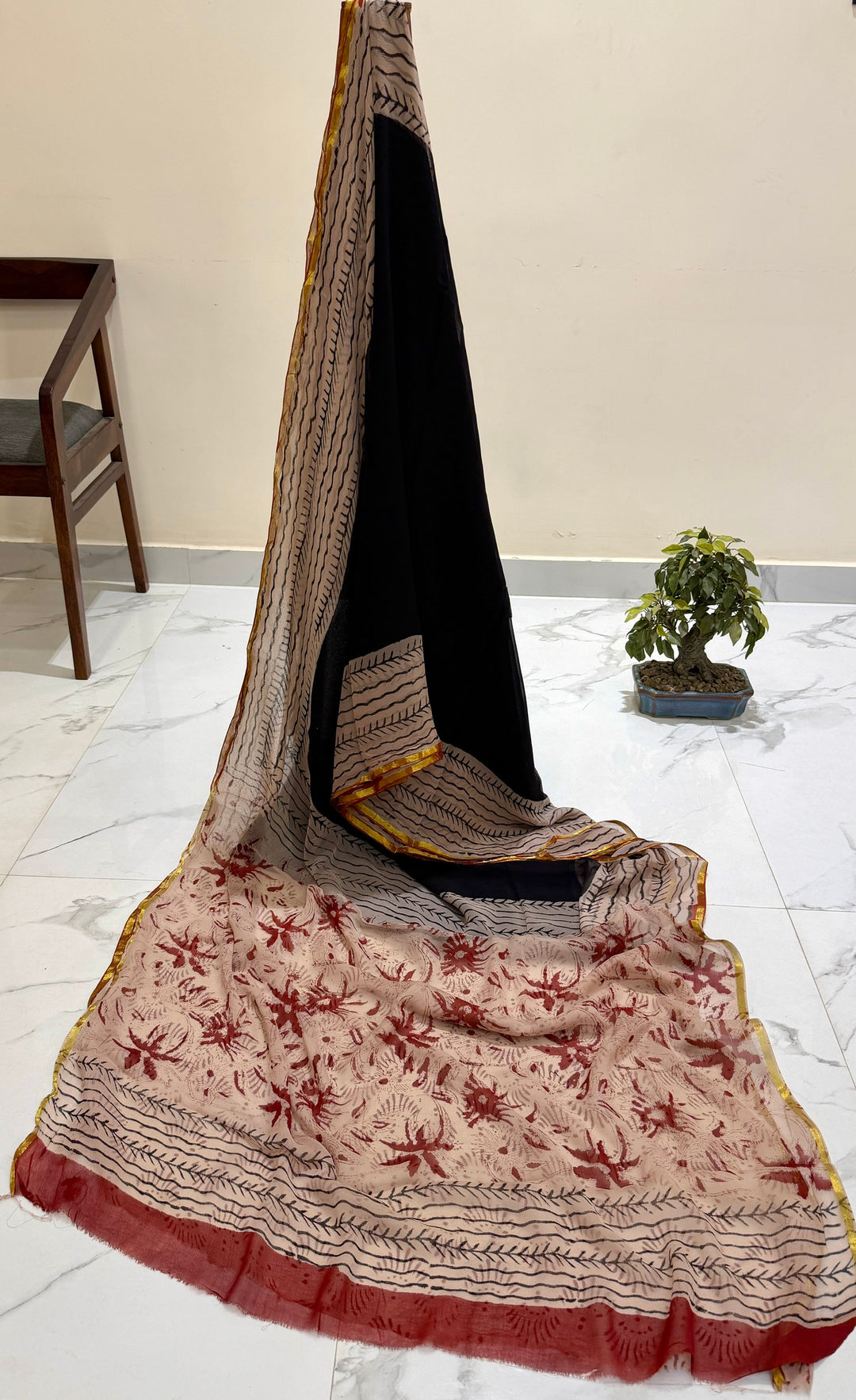 Graceful Black & Crimson Handblock Printed Premium Chiffon Saree with Floral Vines
