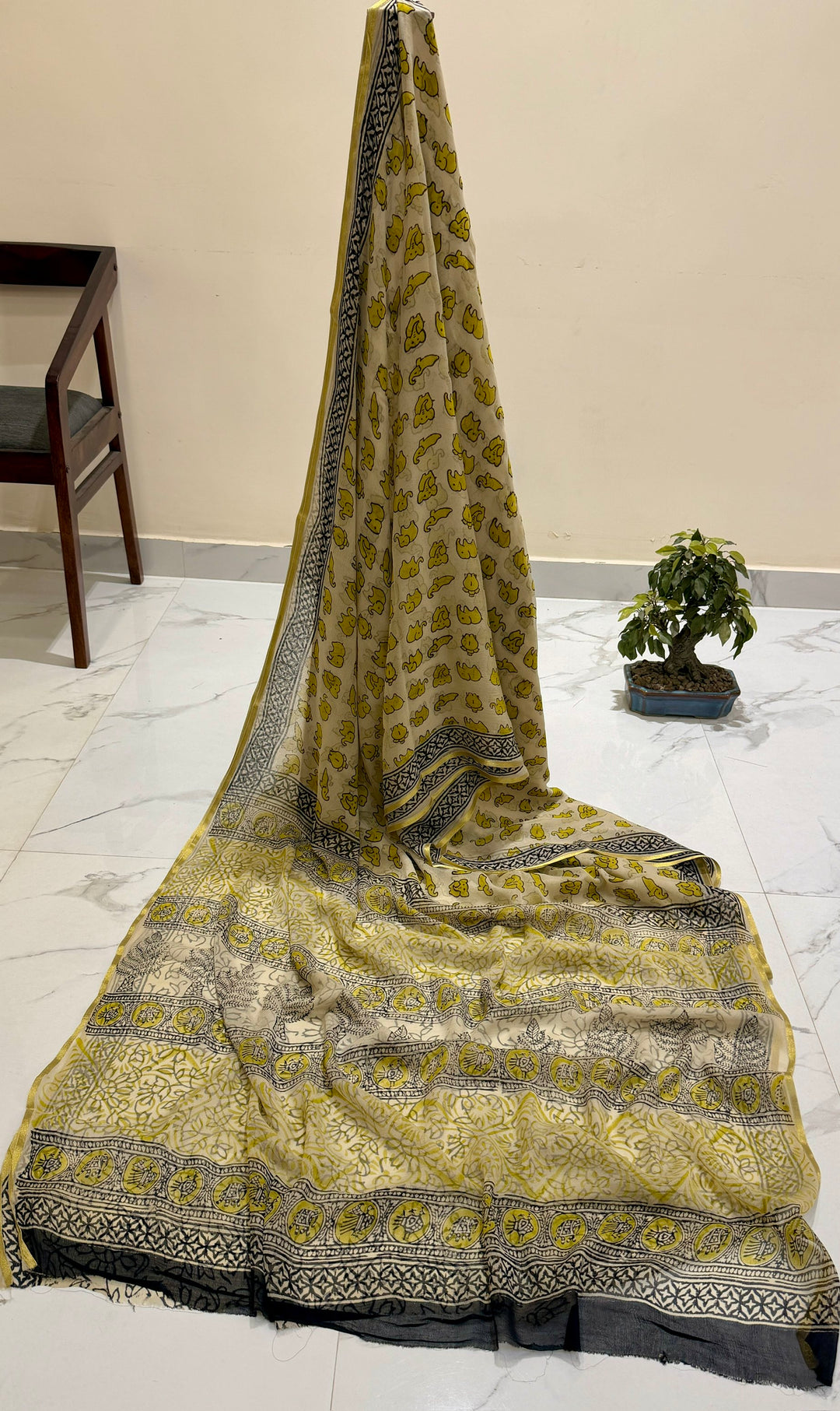 Summer Yellow & Grey Handblock Printed Premium Chiffon Saree with Traditional Elephant Print