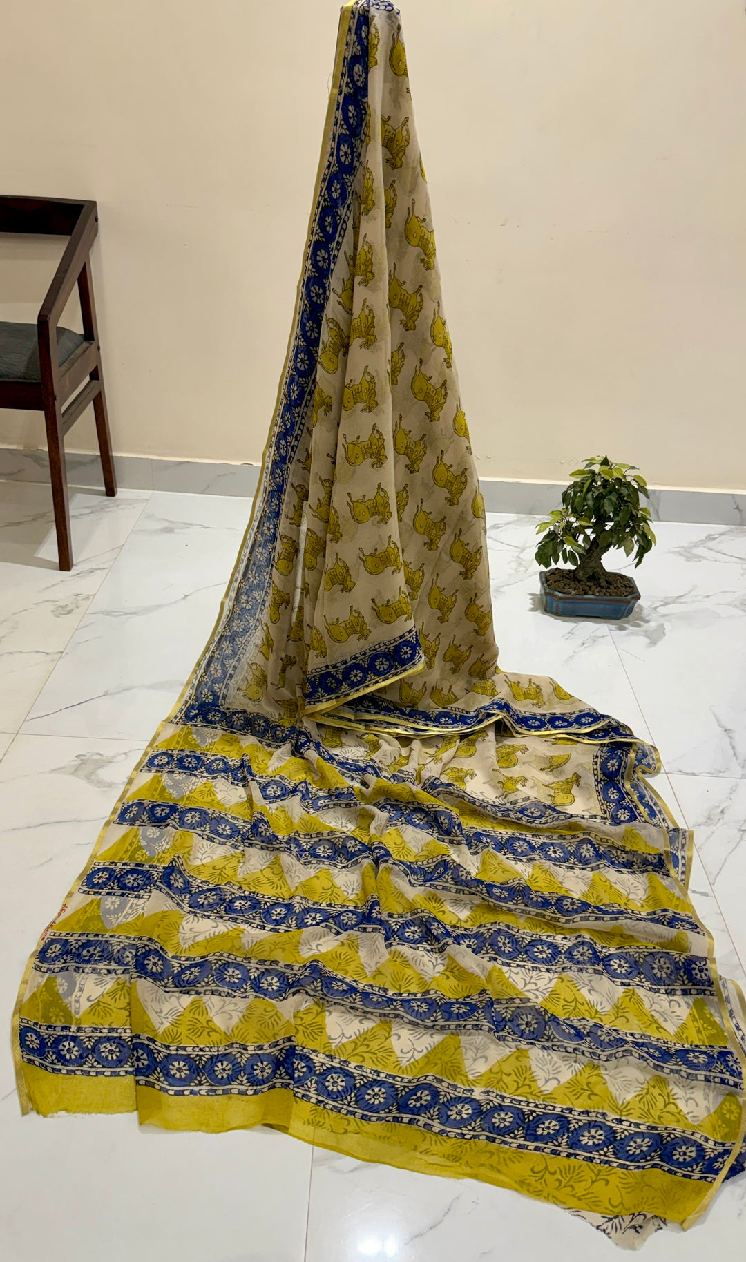 Serene Cream & Royal Blue Premium Chiffon Saree with Artistic Cow (Kamdhenu) Motif Prints