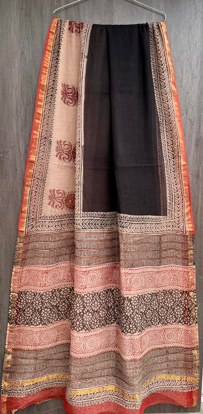 Putaai Pure Kota Doria Handblock Printed Lightweight Sarees With Blouse - Beige and Black