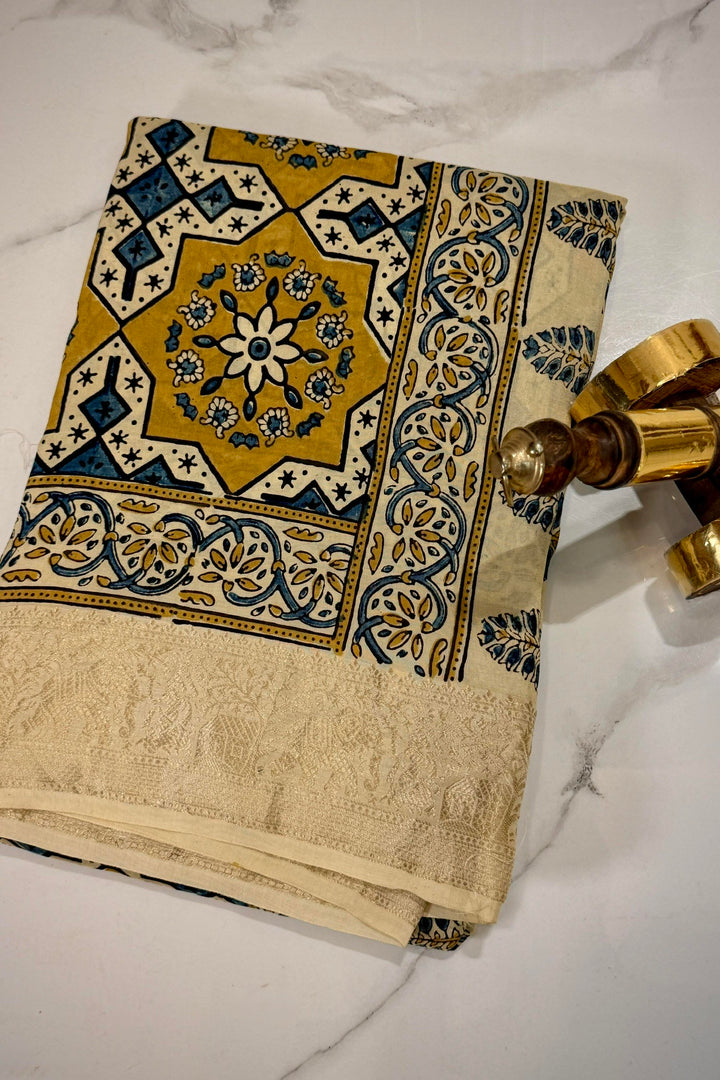 Beige Mustard Dola Silk Ajrakh Saree with Heritage Motifs & Rich Gold Zari Border