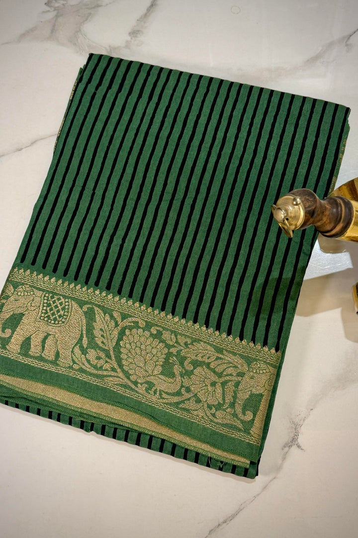 Forest Green Dola Silk Ajrakh Saree with Stripe Pattern & Traditional Zari Elephant Border