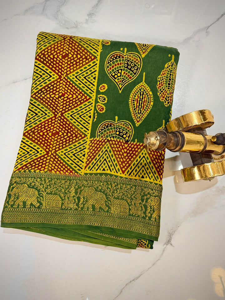 Emerald Green Dola Silk Ajrakh Saree with Geometric Motifs & Gold Zari Border
