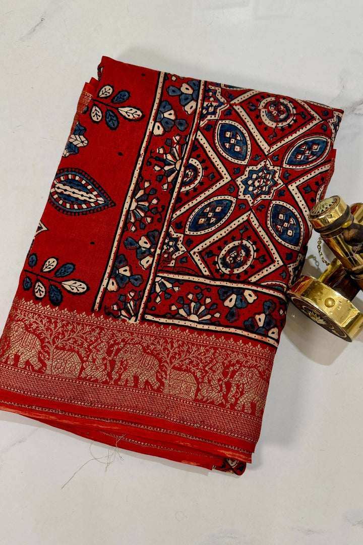Red Dola Silk Ajrakh Print Saree with Classic Ethnic Design & Heavy Gold Zari Border