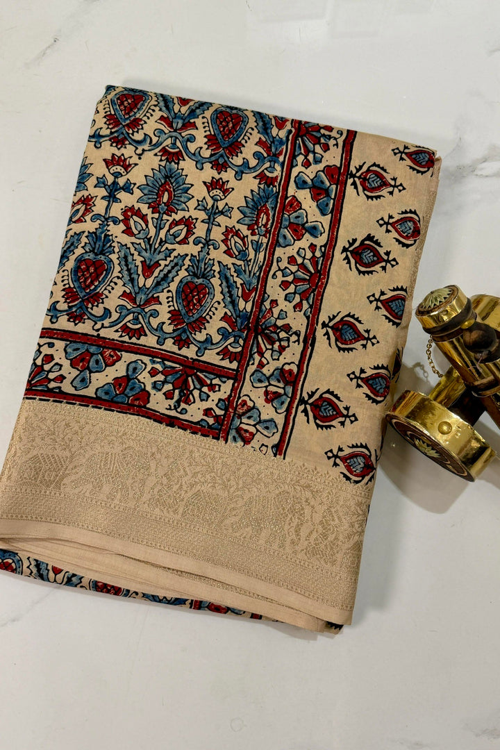 Beige Dola Silk Ajrakh Print Saree with Intricate Floral Motifs & Rich Gold Zari Border