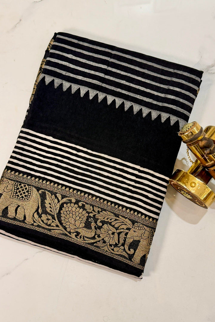 Black Dola Silk Ajrakh Saree with White Stripe Pattern & Traditional Zari Border