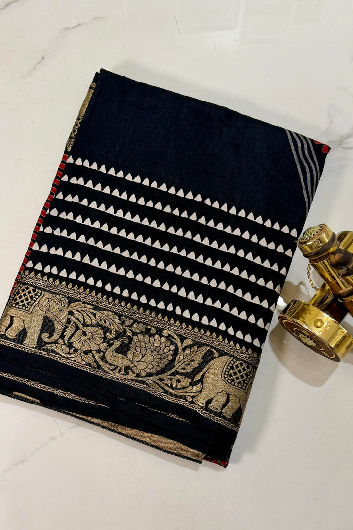 Black Dola Silk Ajrakh Saree with Red Panel Design & Antique Gold Elephant Zari Border