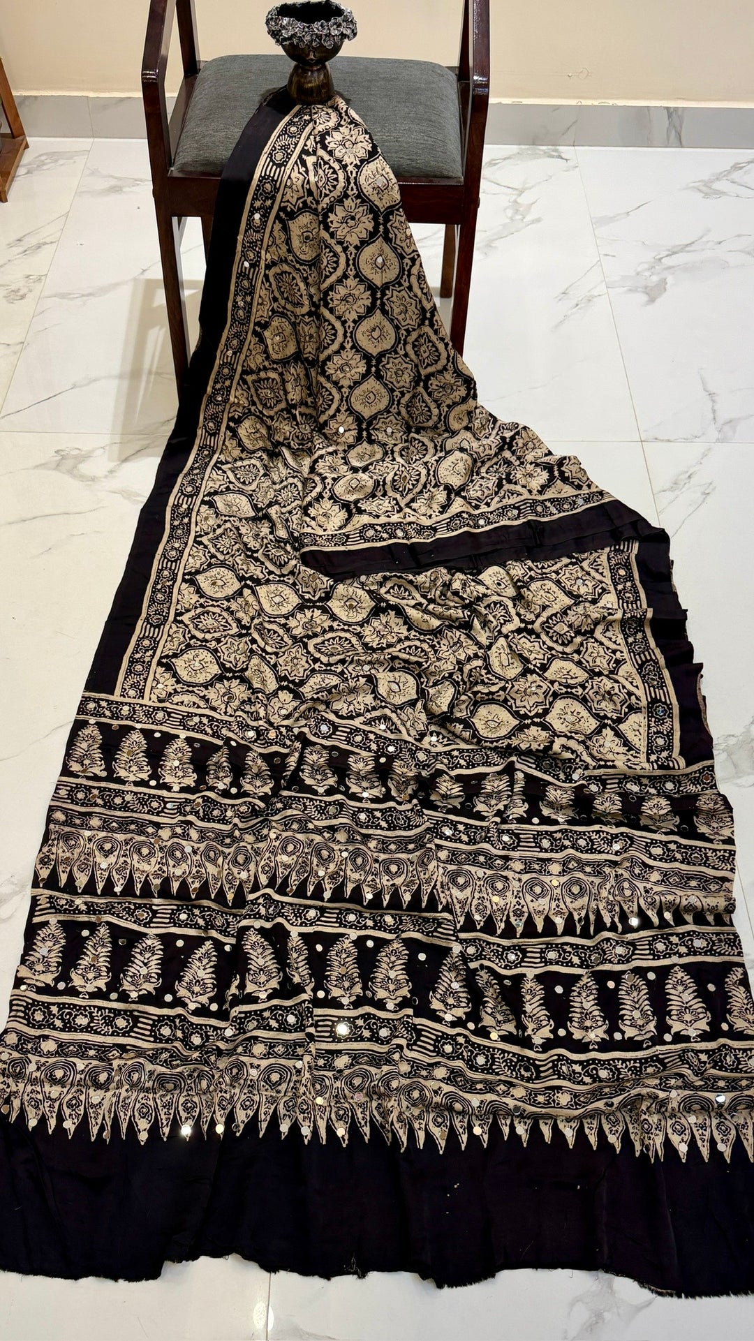 Pure Modal Silk Saree in Midnight Black with Ajrakh Block Prints and Mirror Work