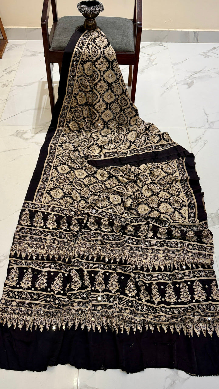 Pure Modal Silk Saree in Midnight Black with Ajrakh Block Prints and Mirror Work