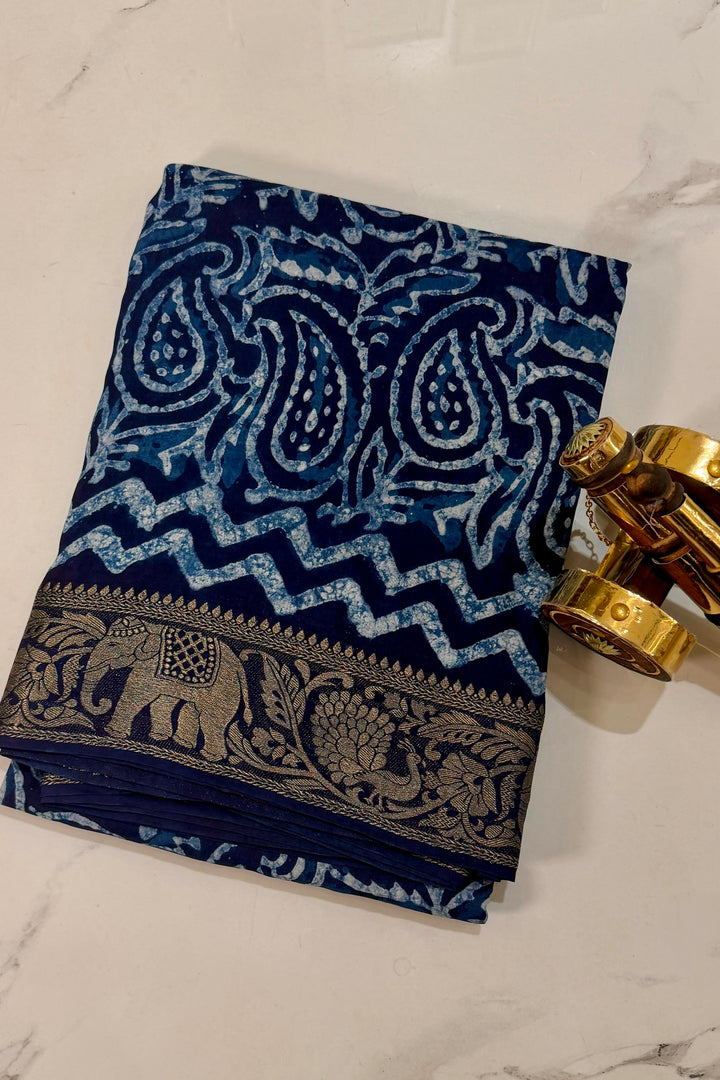 Royal Blue Dola Silk Ajrakh Print Saree with Geometric Design & Gold Zari Border
