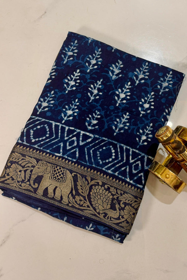 Indigo Blue Dola Silk Ajrakh Saree with Handblock Inspired Print & Zari Border