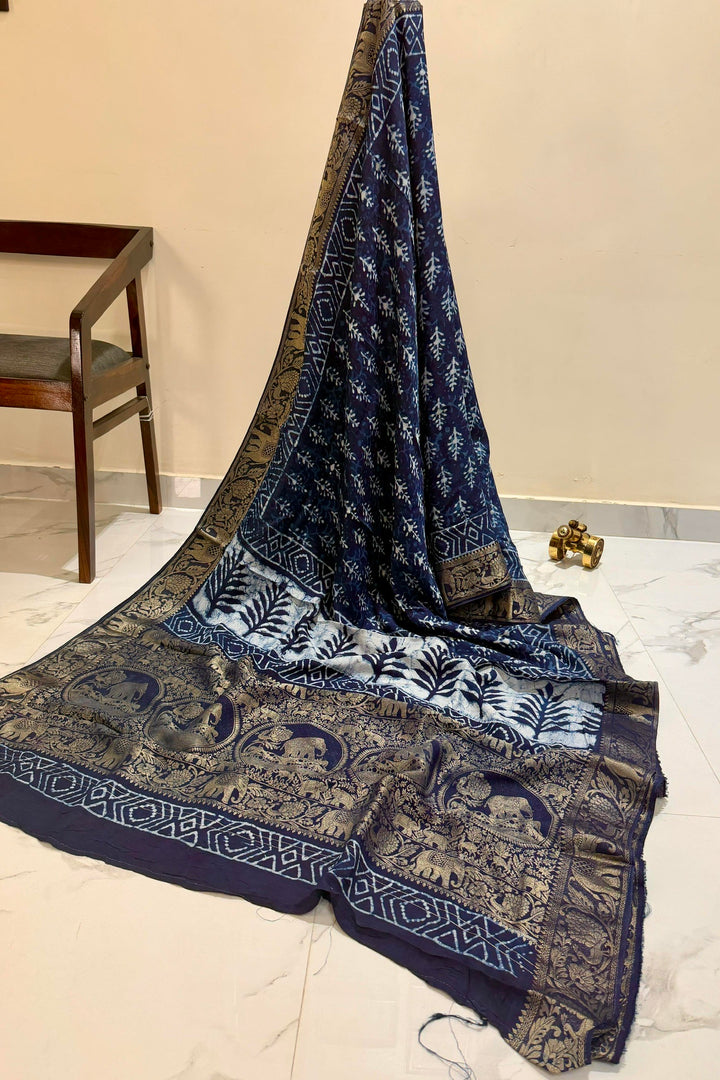 Indigo Blue Dola Silk Ajrakh Saree with Handblock Inspired Print & Zari Border