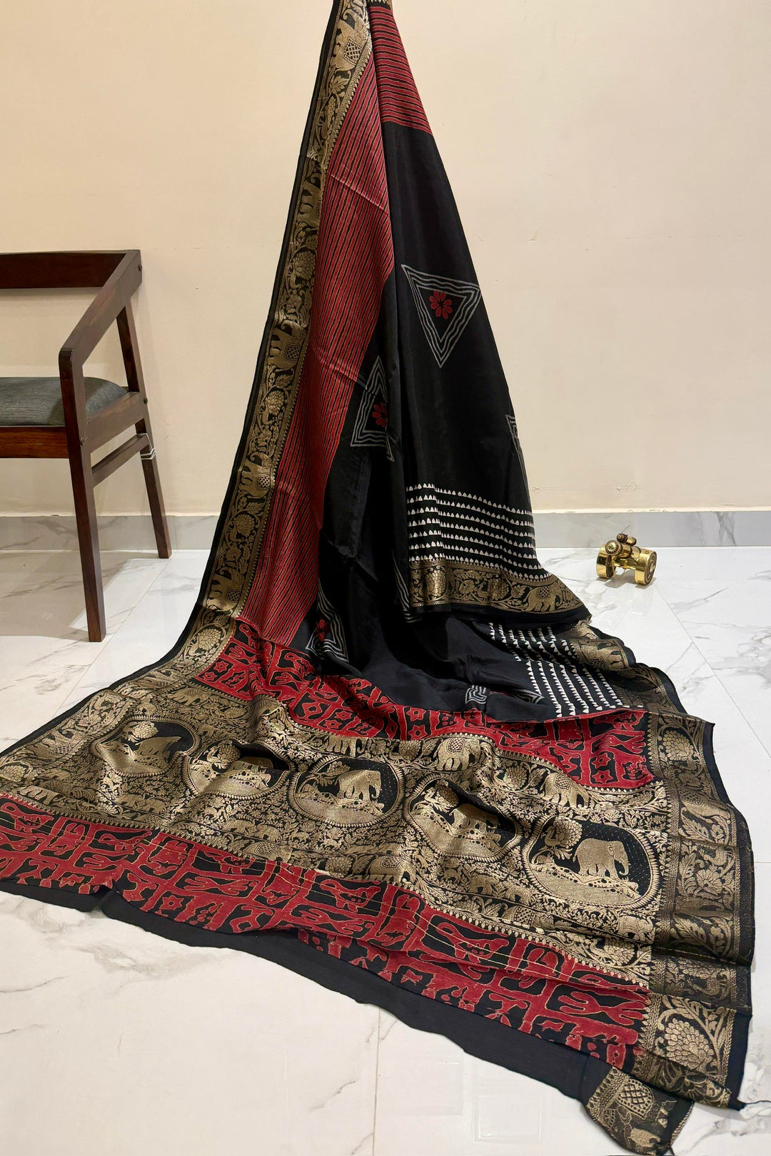 Black Dola Silk Ajrakh Saree with Red Panel Design & Antique Gold Elephant Zari Border