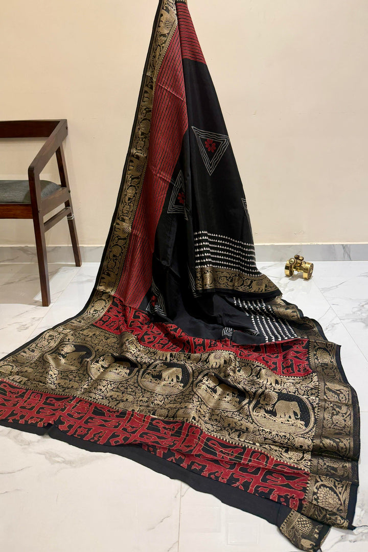 Black Dola Silk Ajrakh Saree with Red Panel Design & Antique Gold Elephant Zari Border