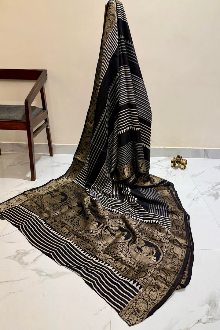 Black Dola Silk Ajrakh Saree with White Stripe Pattern & Traditional Zari Border