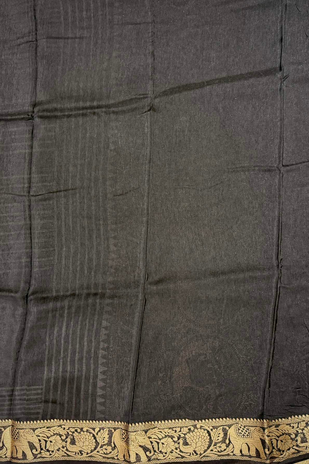 Black Dola Silk Ajrakh Saree with White Stripe Pattern & Traditional Zari Border