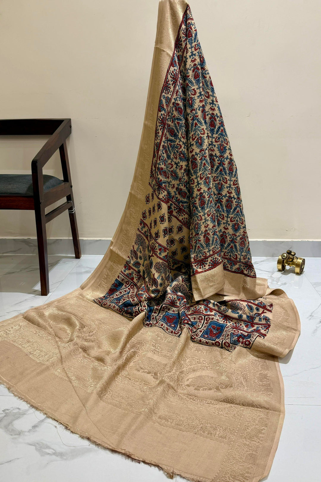 Beige Dola Silk Ajrakh Print Saree with Intricate Floral Motifs & Rich Gold Zari Border