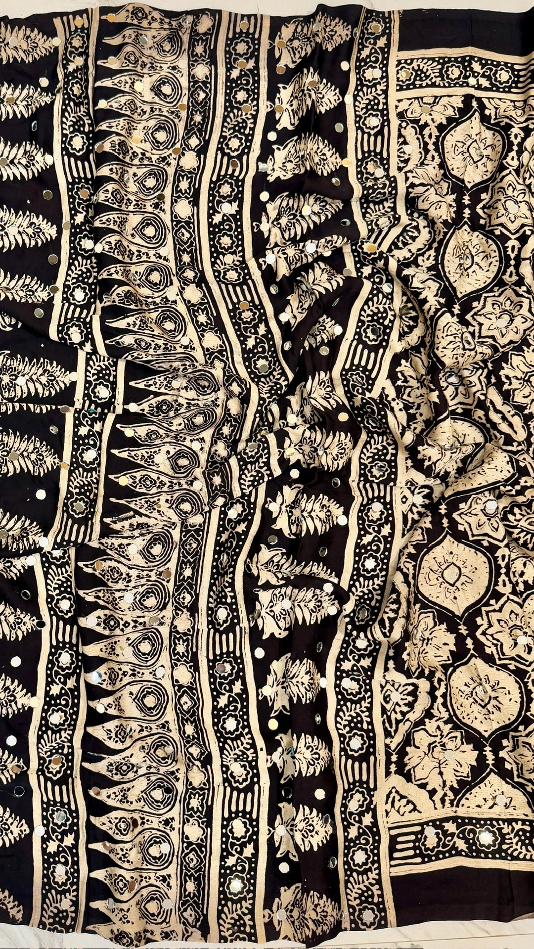 Pure Modal Silk Saree in Midnight Black with Ajrakh Block Prints and Mirror Work