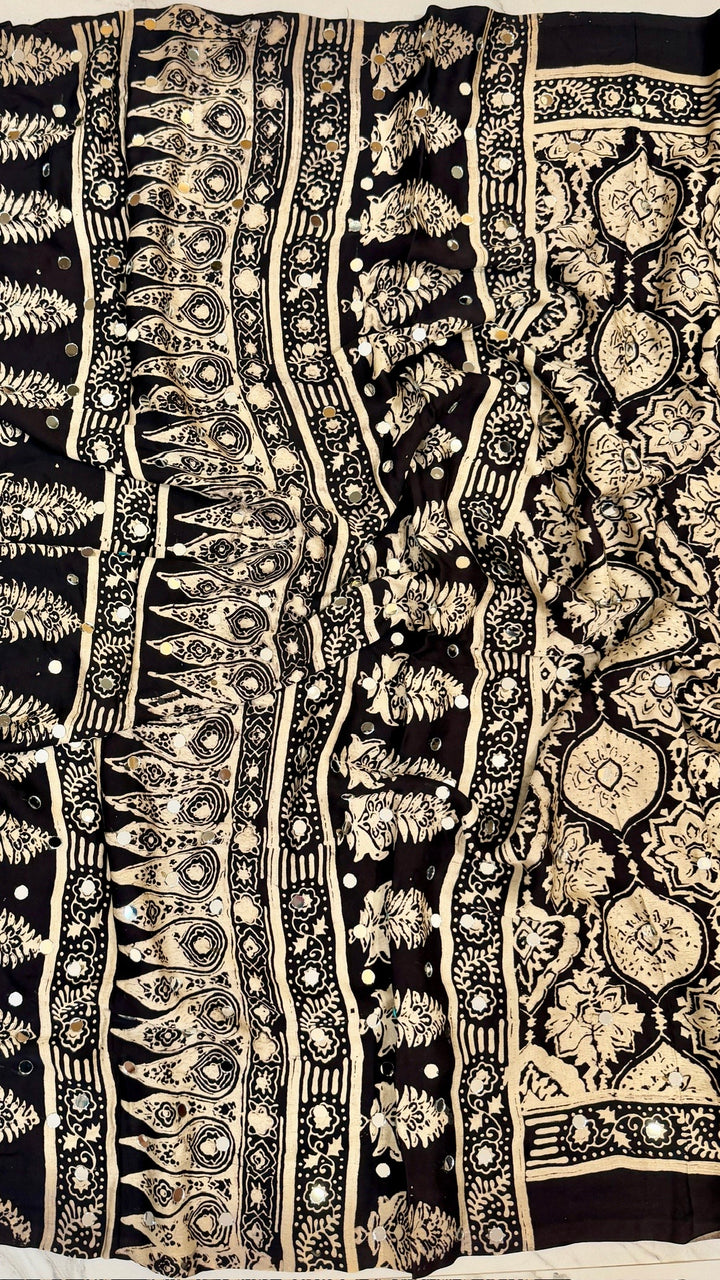 Pure Modal Silk Saree in Midnight Black with Ajrakh Block Prints and Mirror Work