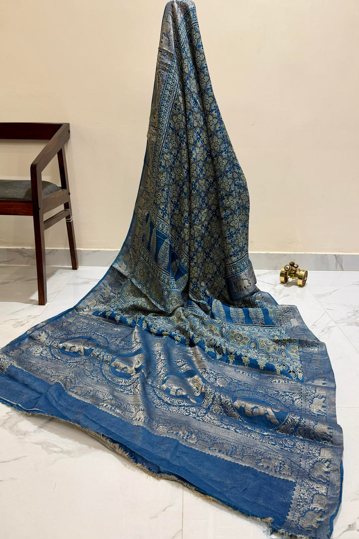 Sky Blue Dola Silk Ajrakh Saree with Traditional Motifs & Rich Gold Zari Border