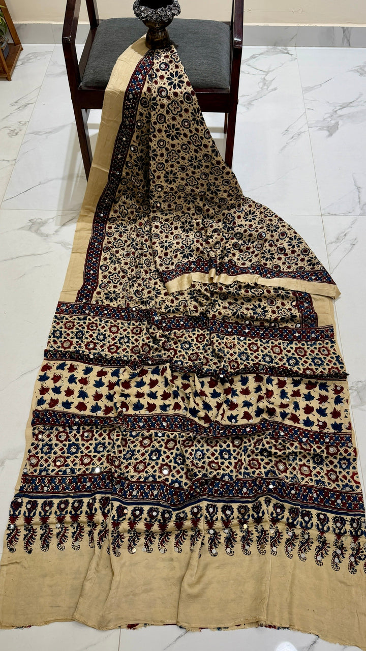 Pure Modal Silk Saree in Ivory Cream with Traditional Ajrakh Patterns and Mirror Work
