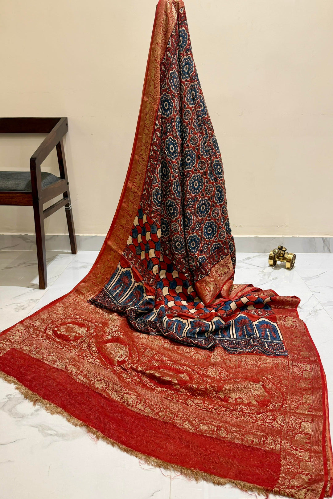 Red Dola Silk Ajrakh Print Saree with Floral Motifs & Rich Gold Zari Wedding Border