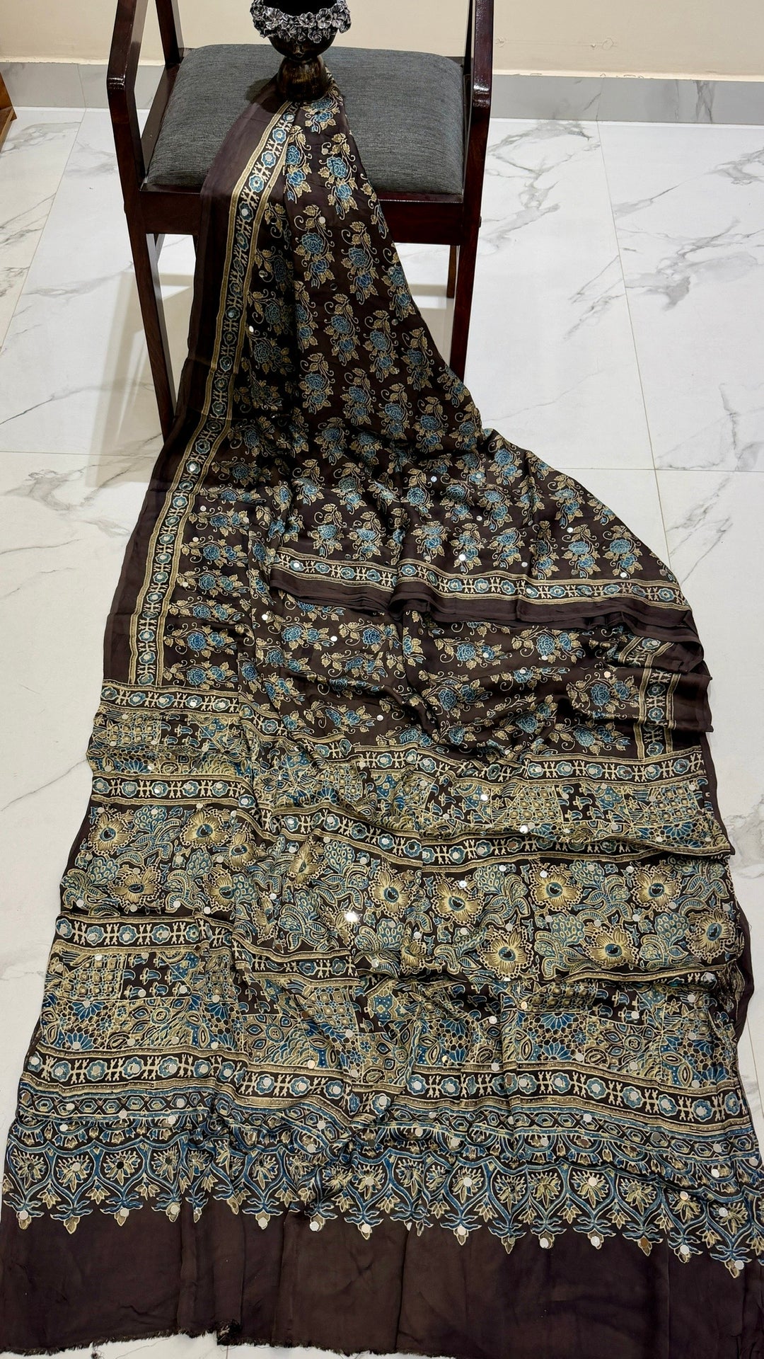 Pure Modal Silk Saree in Earthy Brown with Teal Floral Ajrakh Motifs and Mirror Work