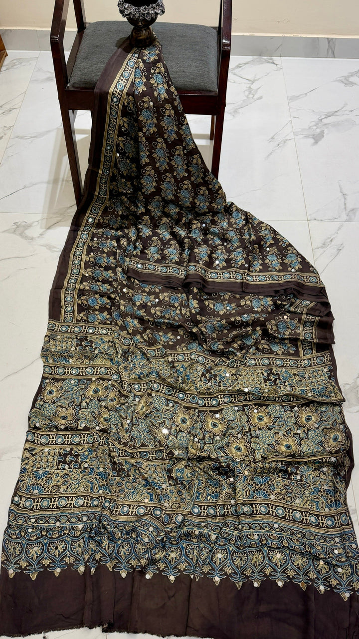 Pure Modal Silk Saree in Earthy Brown with Teal Floral Ajrakh Motifs and Mirror Work
