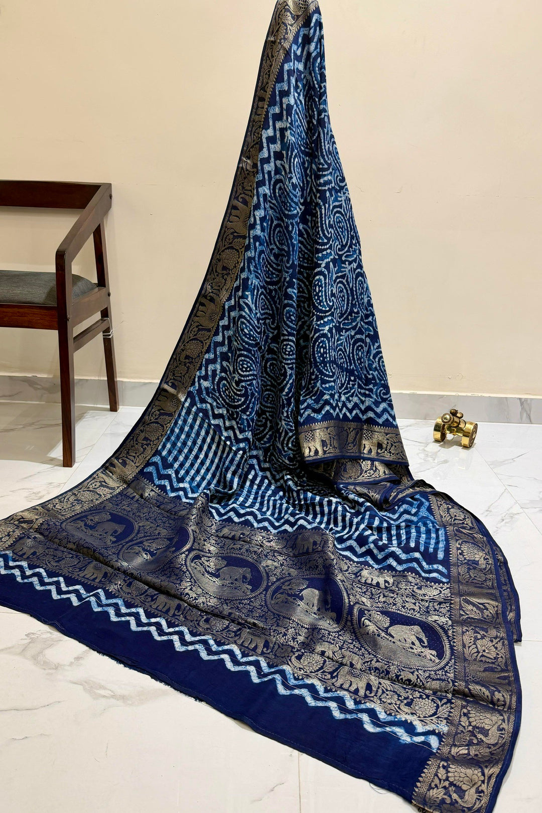 Royal Blue Dola Silk Ajrakh Print Saree with Geometric Design & Gold Zari Border