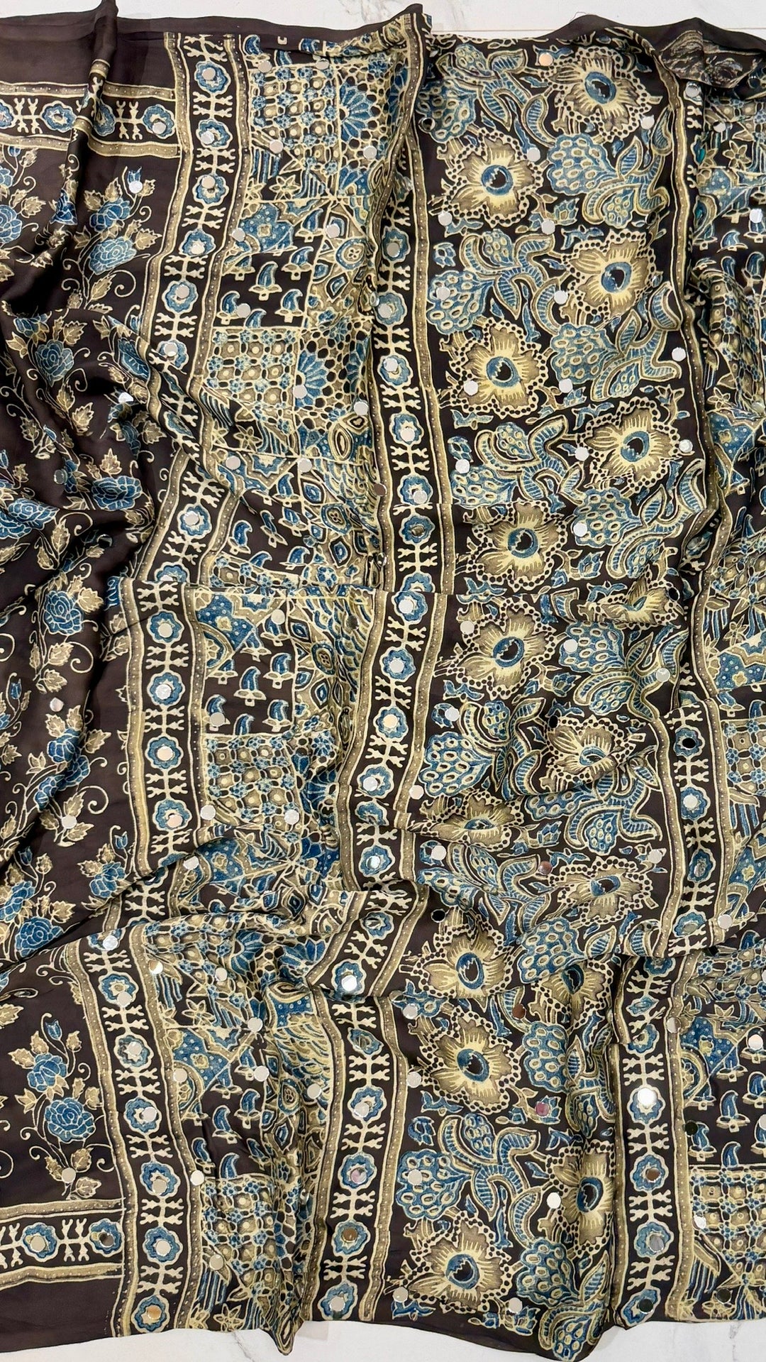 Pure Modal Silk Saree in Earthy Brown with Teal Floral Ajrakh Motifs and Mirror Work