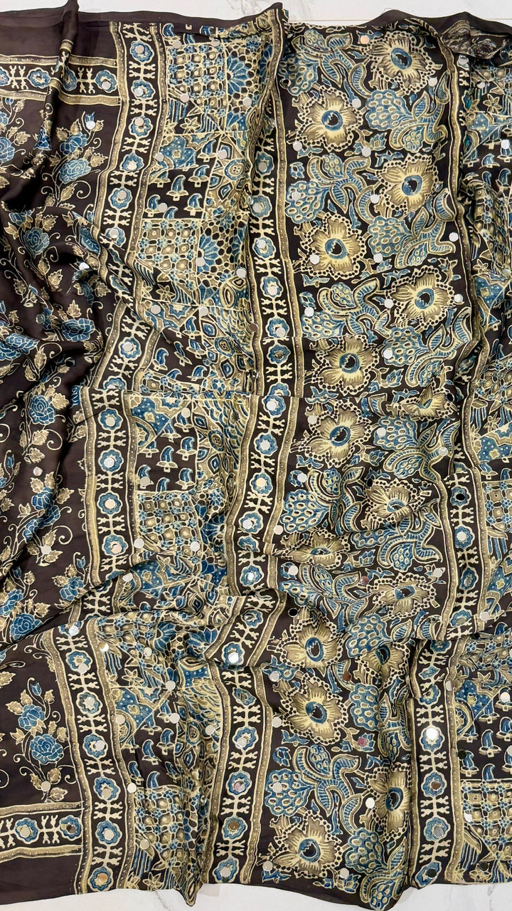 Pure Modal Silk Saree in Earthy Brown with Teal Floral Ajrakh Motifs and Mirror Work