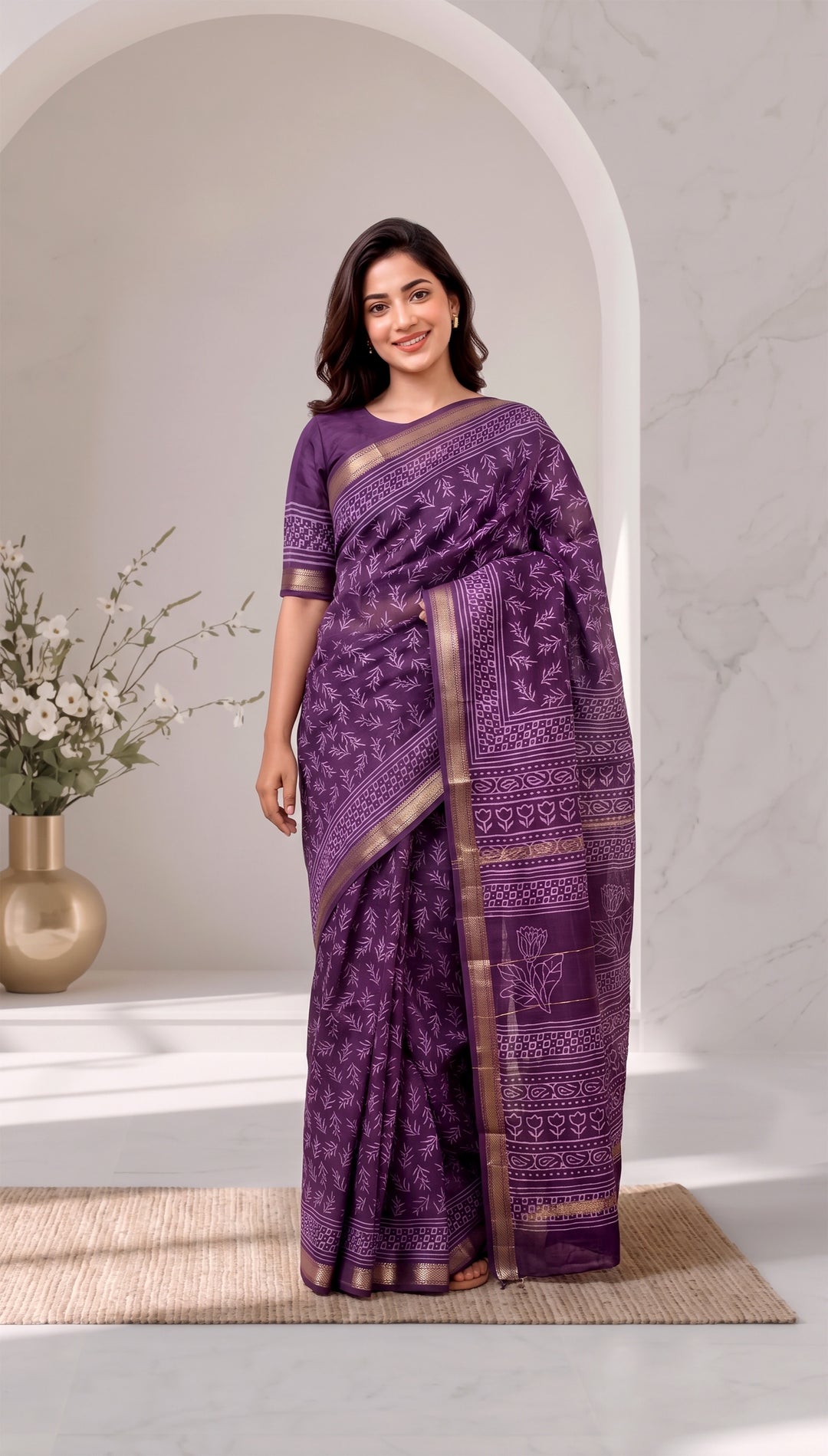 Deep Purple Pure Maheshwari Silk Handblock Printed Saree with Blouse Piece