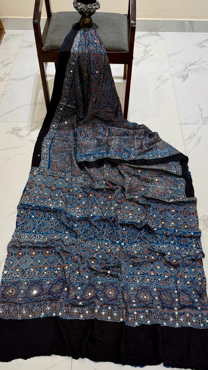 Pure Modal Silk Saree in Indigo Blue with Multi-Color Ajrakh Prints and Mirror Work