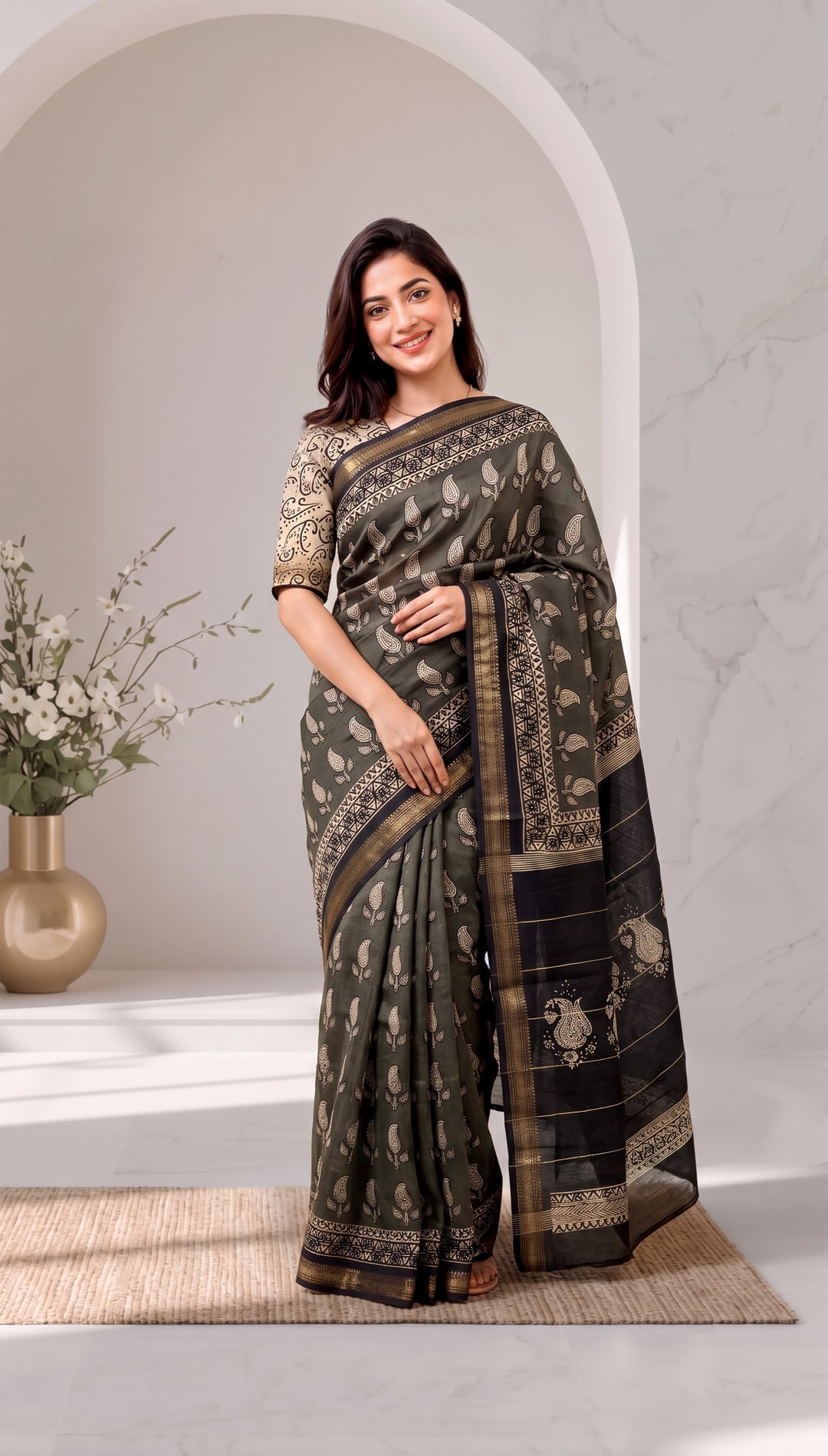 Olive Green Pure Maheshwari Silk Handblock Printed Saree with Blouse Piece