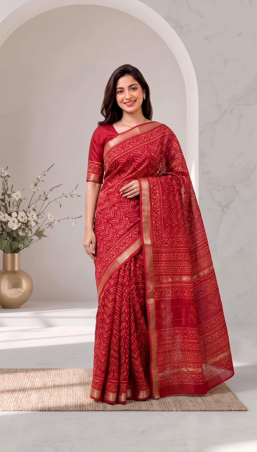 Crimson Red Pure Maheshwari Silk Handblock Printed Saree with Blouse Piece