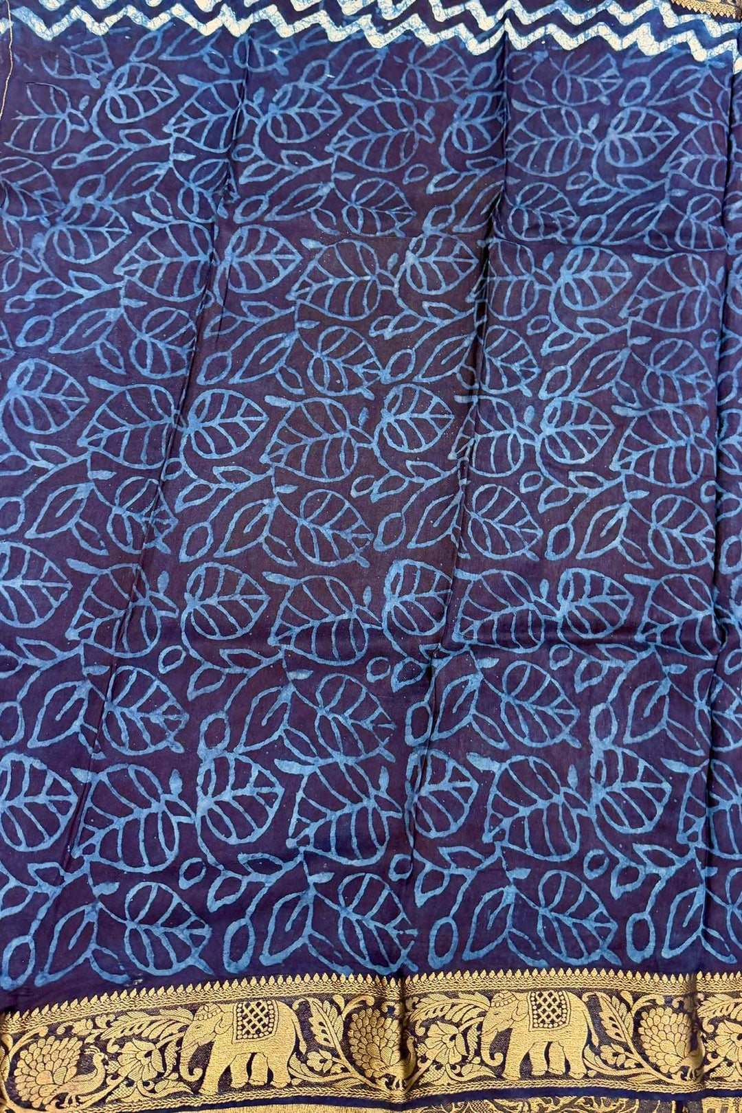 Royal Blue Dola Silk Ajrakh Print Saree with Geometric Design & Gold Zari Border